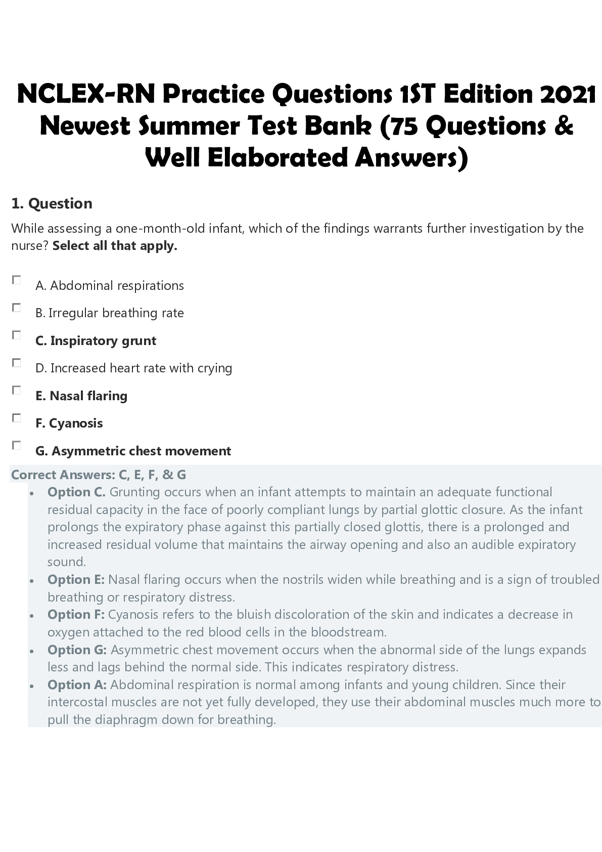 NCLEXRN Practice Questions 1ST Edition 2021 Newest Summer Test Bank